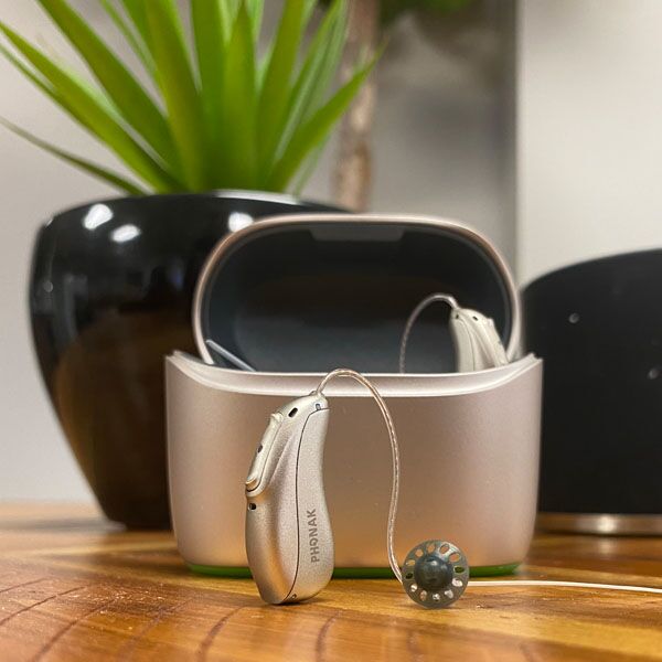 The Workhorse – Phonak Audéo Lumity L30 Rechargeable Hearing Aid mockup 2 hearing aids pod